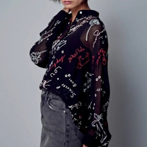 ALLSAINTS NWOT SM KYRA GRAFF SHIRT SHEER GRAFFITI BUTTON FRONT BLACK RED WHITE - Picture 5 of 7